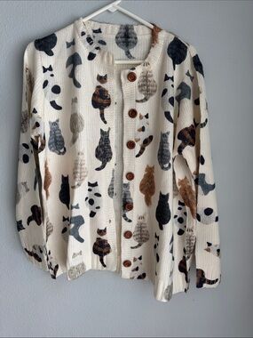 Cream Cat Print Button-Up Cardigan Sweater